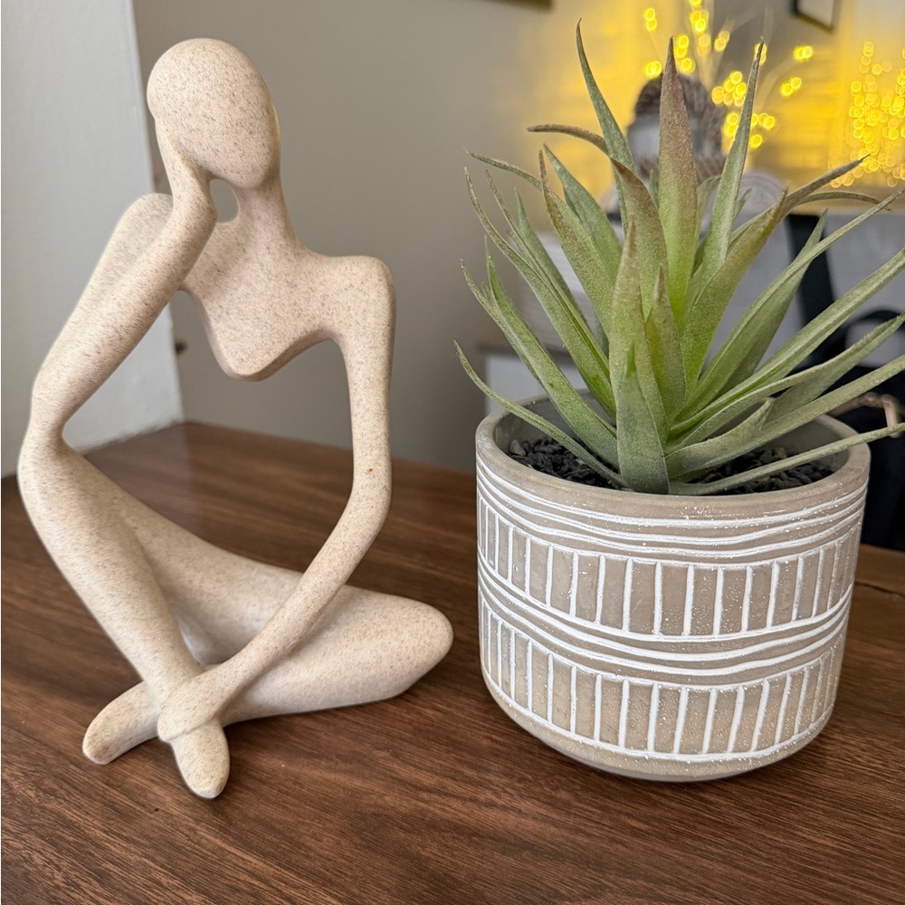 Abstract Beige Sculpture and Potted Plant decor bundle